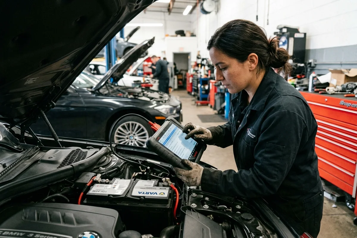 Autobaterie podle VIN: 5 chyb, které zničí novou baterii 3 Automechanik provádí kódování nové AGM baterie přes autodiagnostiku
