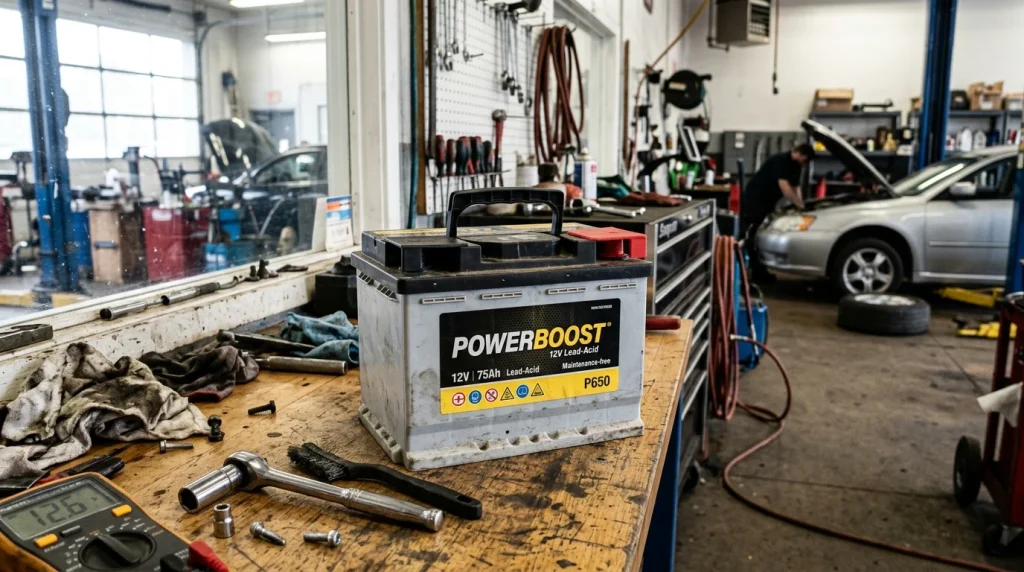 Autobatéria PowerBoost v autoservise pripravená na montáž